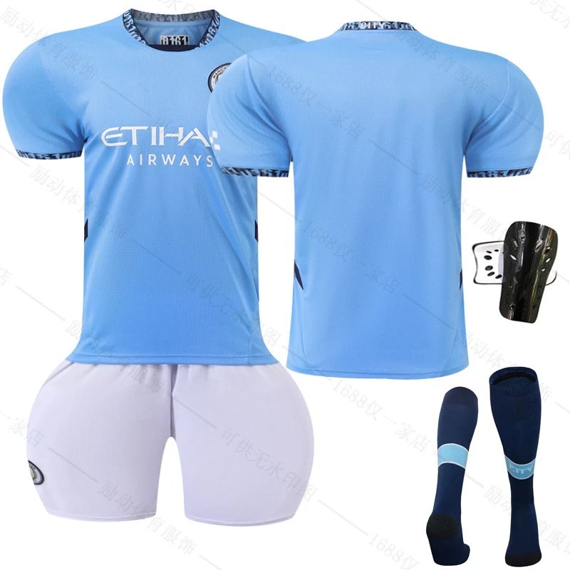 Manchester City blue football jersey in retro sports style - Image 18