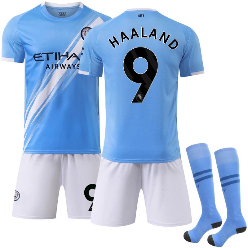 Manchester City blue football jersey in retro sports style - Image 3