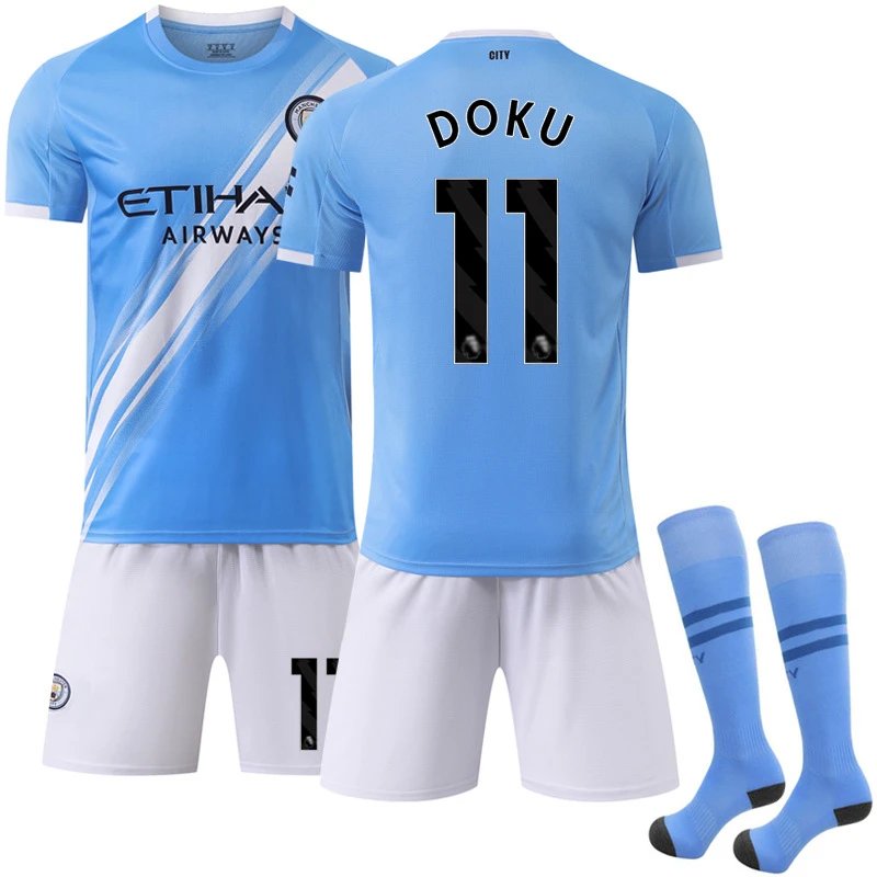 Manchester City blue football jersey in retro sports style - Image 5