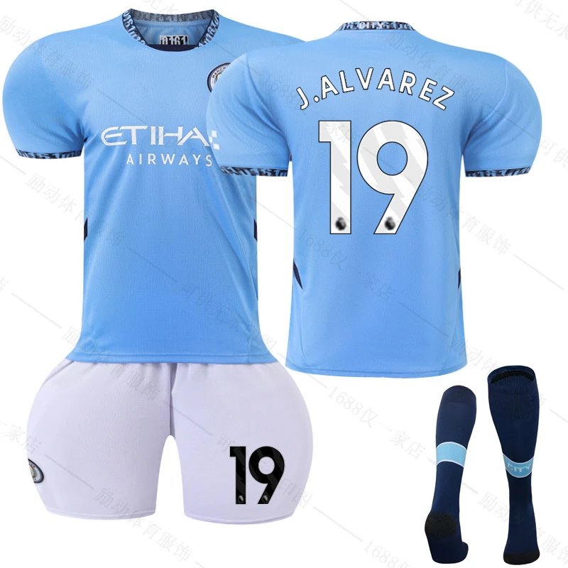 Manchester City blue football jersey in retro sports style - Image 7