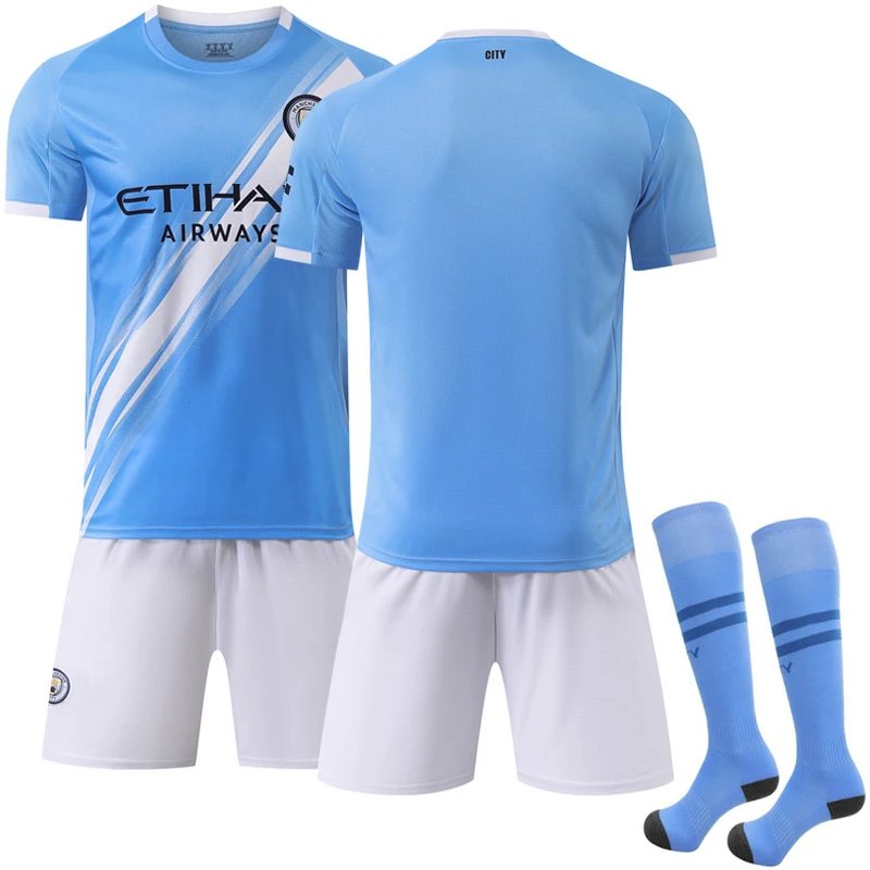 Manchester City blue football jersey in retro sports style - Image 9