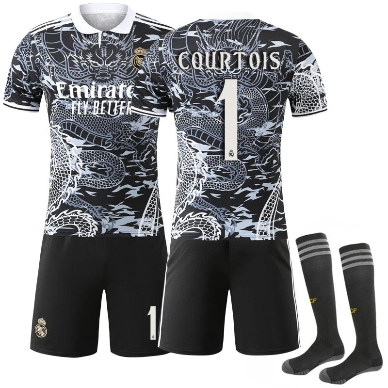 Real Madrid black football jersey in retro sports style - Image 2