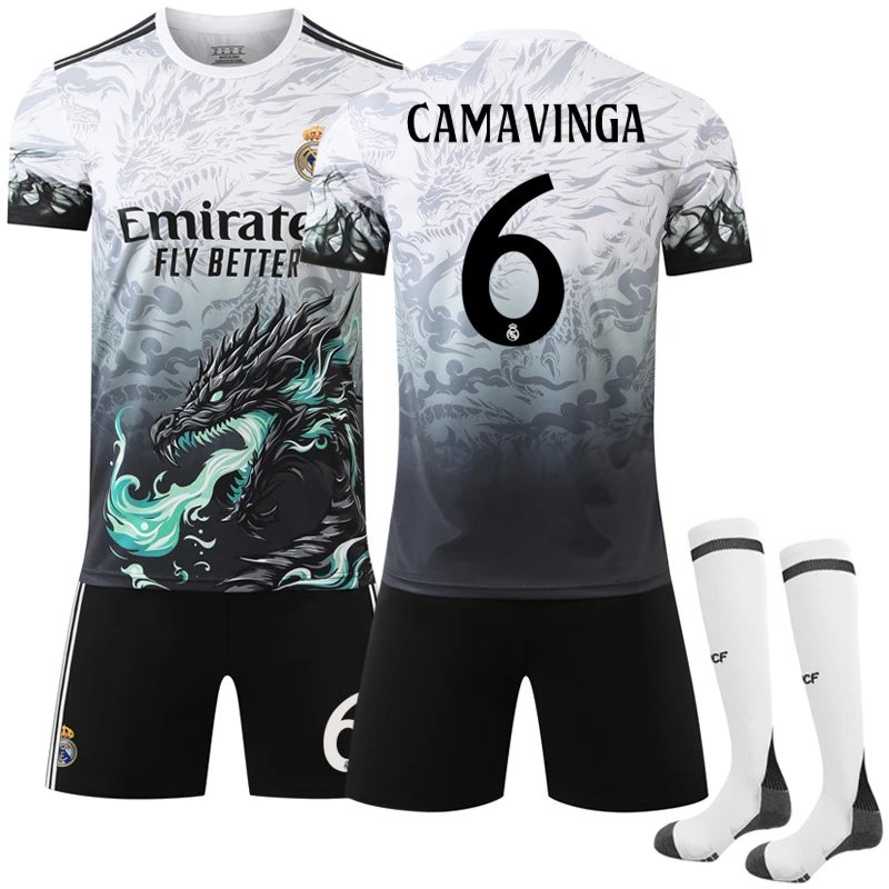 Real Madrid black football jersey in retro sports style - Image 3