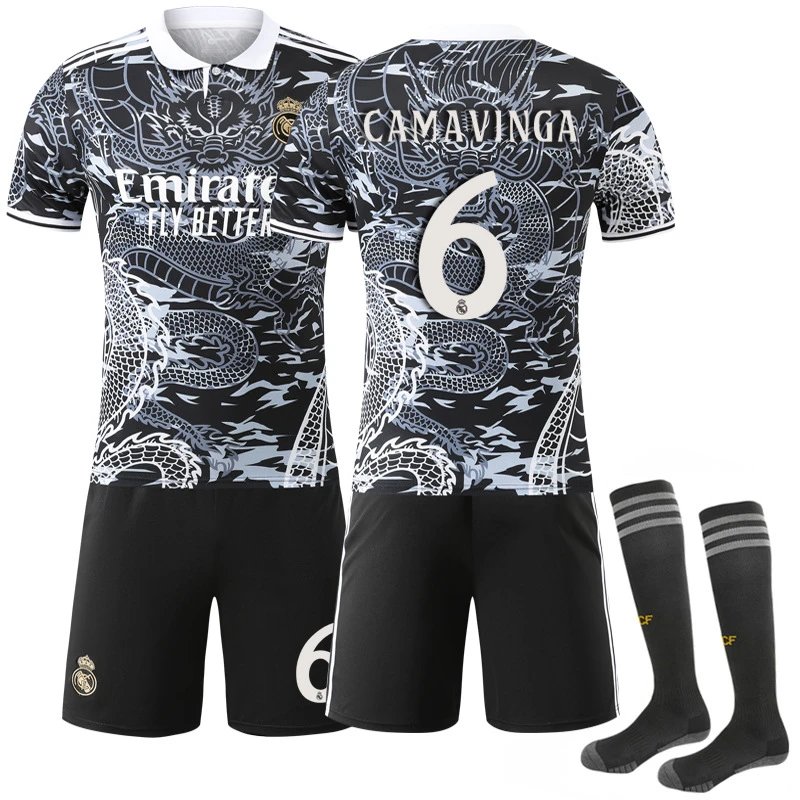 Real Madrid black football jersey in retro sports style - Image 4