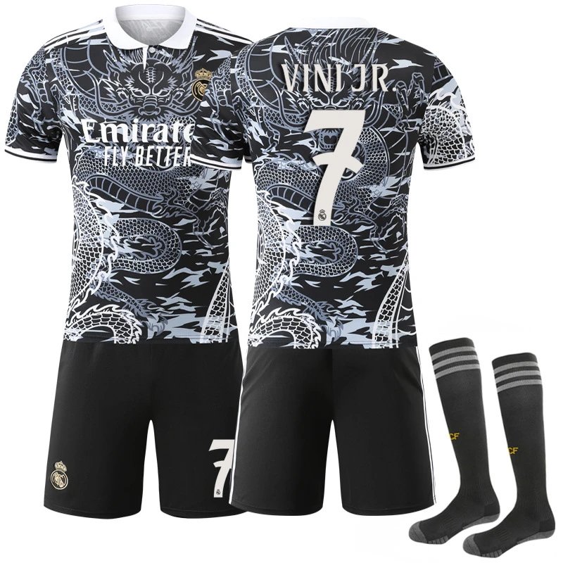 Real Madrid black football jersey in retro sports style - Image 5
