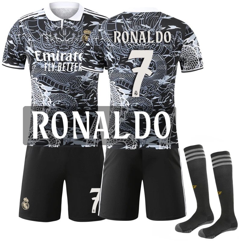 Real Madrid black football jersey in retro sports style - Image 6